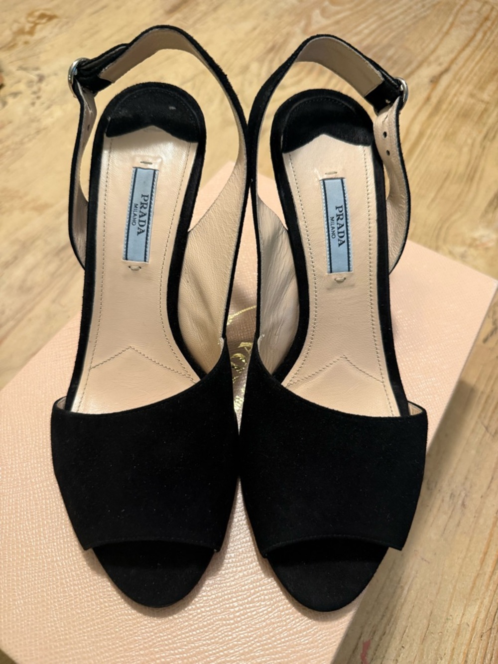 Barely worn!!! Prada Black Suede Open-Toe Ankle Strap Heels